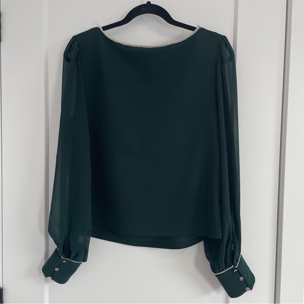 Suzy Shier Dark Green Blouse with Diamond Accents - Picture 6 of 7